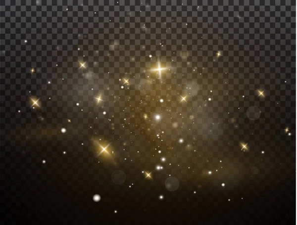 Chispas blancas y estrellas doradas brillan efecto de luz especial. El vector brilla sobre un fondo transparente. Patrón abstracto de Navidad. Espumosas partículas de polvo mágico. — Vector de stock