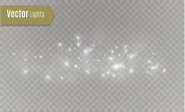 Белые искры и золотые звезды блестят особым светом. Векторные блики на прозрачном фоне. Рождественская абстракция. Искрометные частицы волшебной пыли. — стоковый вектор