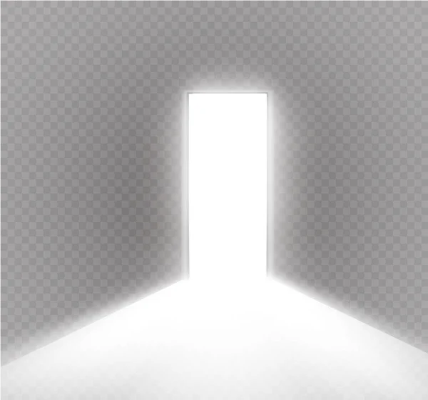 Abra a porta em uma sala escura com luz passando por ela. Luz entra através da lacuna em um fundo transparente — Vetor de Stock