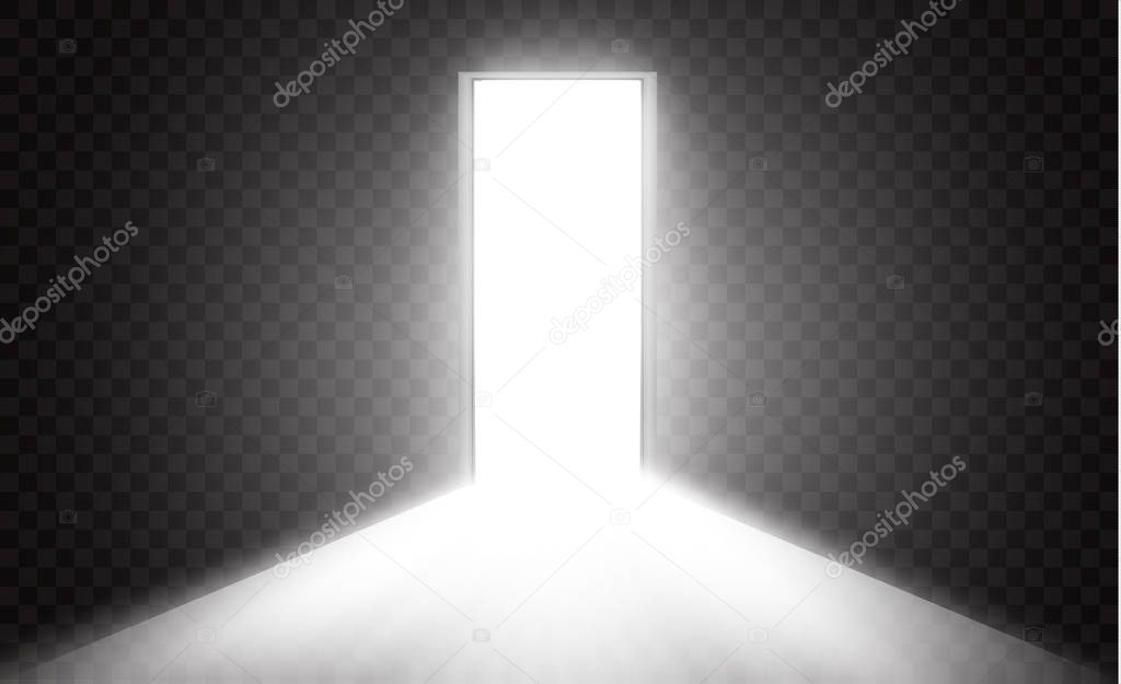 Open the door in a dark room with light passing through it. Light enters through the gap on a transparent background