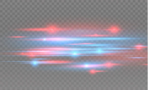 Effetto speciale vettoriale rosso e blu. Strisce luminose su fondo trasparente. Bello bagliore bagliore e scintilla effetto movimento particella — Vettoriale Stock