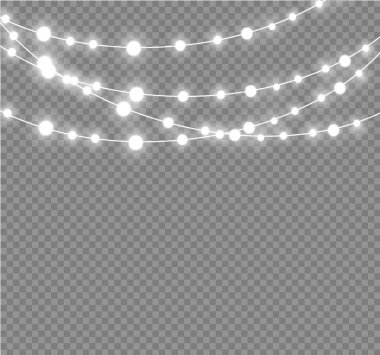 Noel ışıkları gerçekçi tasarım unsurlarını izole etti. Noel tatili tebrik kartı tasarımı için parlayan ışıklar. Çelenkler, Noel süsleri.