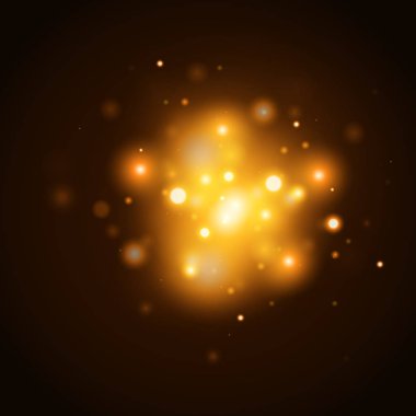Altın kızdırma parçacıklar bokeh. Glitter etkisi. Sparkles ile patlama. Altın pırıl pırıl parlayan ve yıldız. Vektör şenlikli çizim parlak parçacıklar. Yangın yıldız üzerinde şeffaf izole.