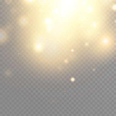 Altın kızdırma parçacıklar bokeh. Glitter etkisi. Sparkles ile patlama. Altın pırıl pırıl parlayan ve yıldız. Vektör şenlikli çizim parlak parçacıklar. Yangın yıldız üzerinde şeffaf izole.