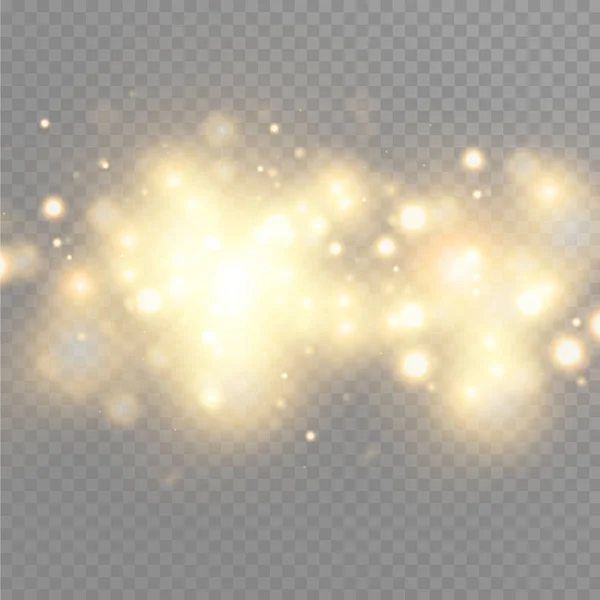 Goldglühpartikel bokeh. Glanzeffekt. funkelndes Gold funkelt und funkelt. Vektor festliche Illustration von glänzenden Teilchen. Feuersterne isoliert auf transparent. — Stockvektor