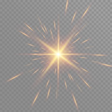 Altın kızdırma parçacıklar bokeh. Glitter etkisi. Sparkles ile patlama. Altın pırıl pırıl parlayan ve yıldız. Vektör şenlikli çizim parlak parçacıklar. Yangın yıldız üzerinde şeffaf izole.