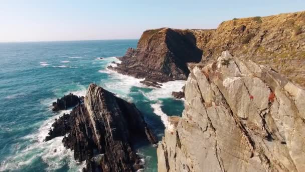 Nido de cigüeña en los pintorescos acantilados en la vista aérea del océano — Vídeo de stock