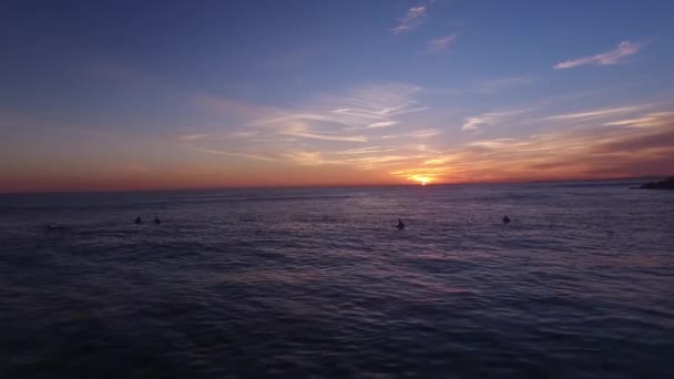 Surfers in het water tijdens een mooie zonsondergang luchtfoto — Stockvideo