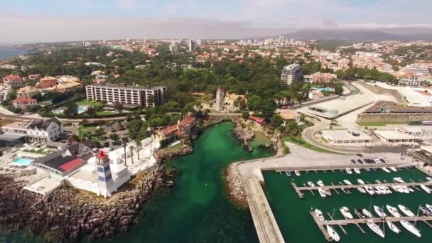 Lighthouse and marina of Cascais Portugal aerial view — Stock Video