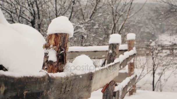 Rustykalne ogrodzenie pod śniegiem w zimie — Wideo stockowe