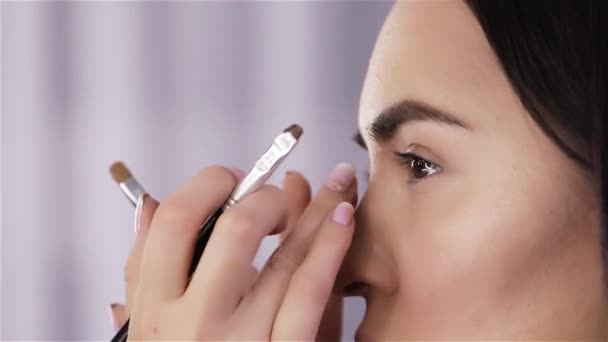 Make up artist doing professional make up of beautiful woman — Stock Video