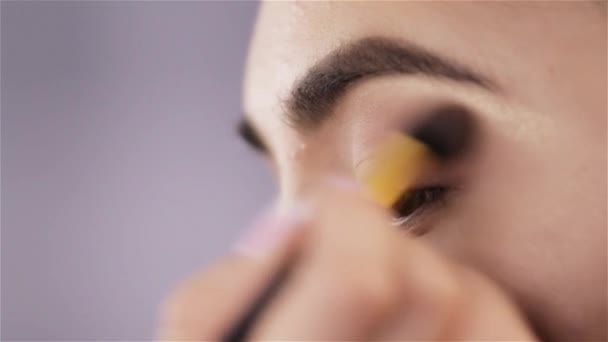 Maquiagem artista pinta sombras olhos de bela morena jovem close-up — Vídeo de Stock