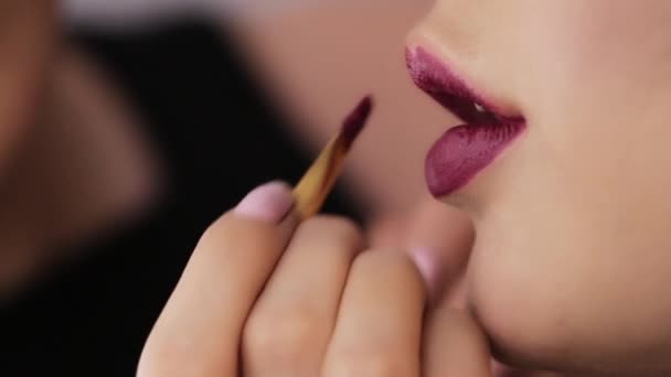 Makeup artist paint lips of beautiful young woman close-up — Stock Video