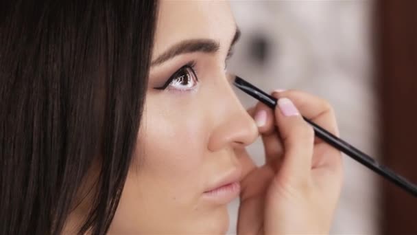 Makeup artist paints the eyes of beautiful young brunette woman close-up — Stock Video