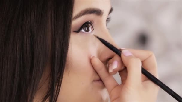 Makeup artist paints the eyes of beautiful young brunette woman close-up — Stock Video