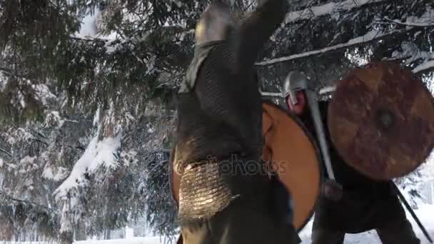 Середньовічні воїни борються в зимовому лісі з мечами в обладунках — стокове відео