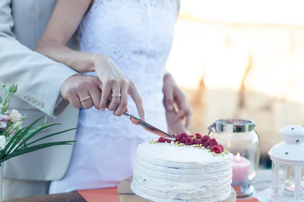 Os recém-casados cortaram um belo bolo de casamento branco — Fotografia de Stock