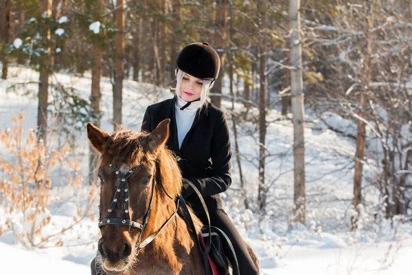 Joven hermosa chica jinete a caballo en el bosque de invierno — Foto de Stock