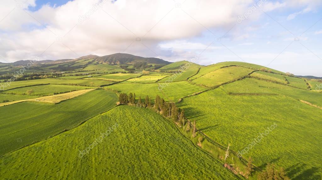 Aerial view of farm fields in the Sao Miguel Island in Azores, Portugal wide angle
