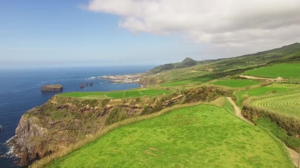 Campos verdes de Azores con el océano atlántico en el fondo — Vídeos de Stock