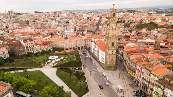 Porto cityscape with famous bell tower of Clerigos Church, Portugal aerial view