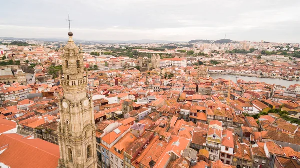 Porto cityscape with famous bell tower of Clerigos Church, Portugal aerial view — Stock Photo, Image