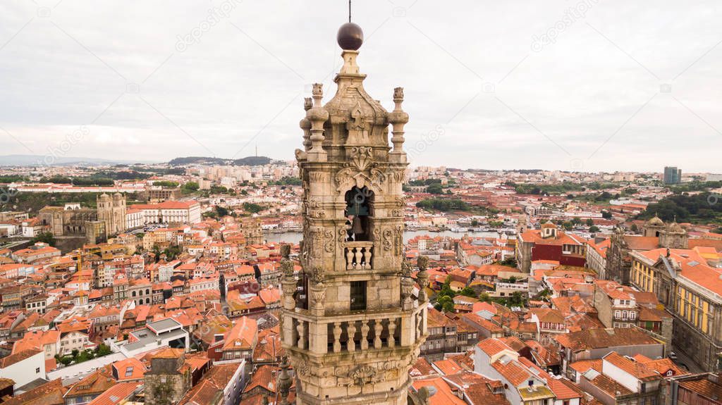 Porto cityscape with famous bell tower of Clerigos Church, Portugal aerial view