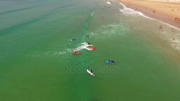 Costa Caparica güzel okyanus plaj, Portekiz grup sörf dersi. Havadan görünümü — Stok video