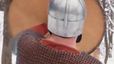 Ortaçağ İrlandalı ve viking savaşçıları bir kış orman kılıç ve kalkanlar ile mücadele zırh