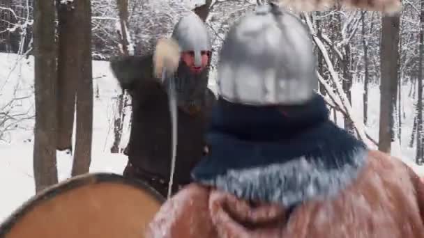 Guerreros medievales francos y vikingos en armadura luchando en un bosque invernal con espadas y escudos — Vídeos de Stock