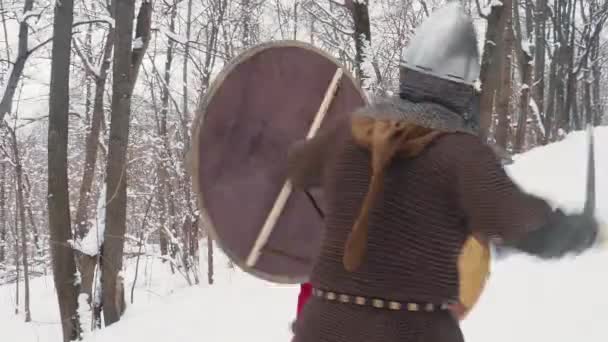 Средневековые франки и викинги в доспехах сражаются в зимнем лесу с мечами и щитами — стоковое видео