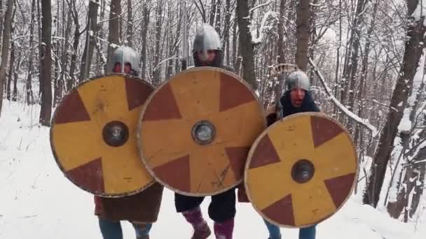 Medieval frankish, irish, viking warriors in armor fighting in a winter forest with swords shields — Stock Video