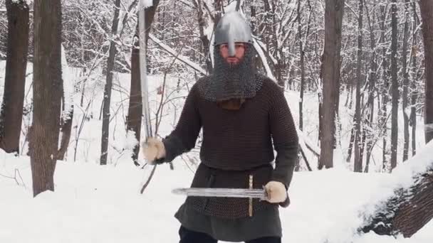 Middeleeuwse viking krijgers in harnas in een winter forest met twee zwaarden vechten — Stockvideo