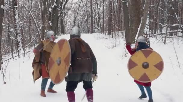 Guerreros vikingos medievales francos, irlandeses en armadura que luchan en un bosque de invierno con escudos de espadas — Vídeos de Stock