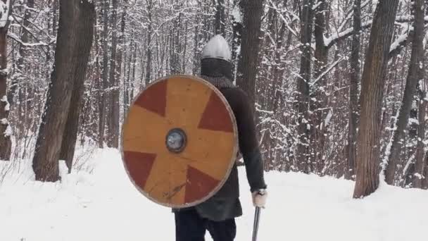 Medeltida vikingakrigare i rustning promenader i en vinter skog med svärd och sköld — Stockvideo