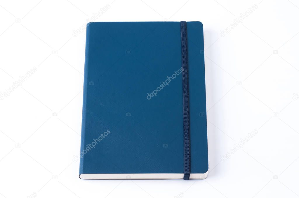Blue leather notebook isolated on white background