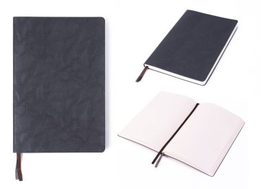 beyaz arkaplanda izole edilmiş siyah deri defter.