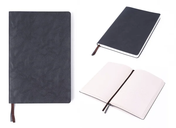 Cuaderno de cuero negro aislado sobre fondo blanco . — Foto de Stock