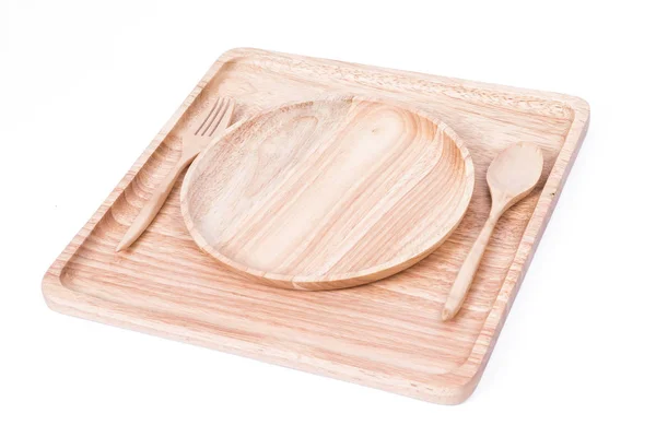 Kwadrat danie drewniany zestaw z łyżką, na białym tle — Zdjęcie stockowe
