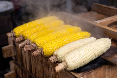 Haşlanmış mısır kutusundaki ahşap sıcak duman.