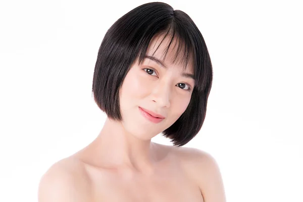 Πορτρέτο όμορφη νεαρή Ασιάτισσα γυναίκα καθαρό φρέσκο γυμνό δέρμα έννοια. Ασιατική ομορφιά του προσώπου skincare κορίτσι και την υγεία ευεξίας, θεραπεία προσώπου, τέλειο δέρμα, φυσικό μακιγιάζ, σε λευκό φόντο. — Φωτογραφία Αρχείου