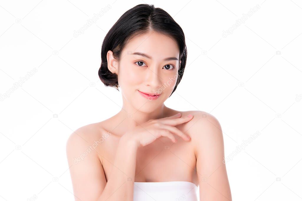 Beautiful Young Asian Woman with Clean Fresh Skin. Face care, Facial treatment, Cosmetology, beauty and healthy skin and cosmetic concept .woman beauty skin isolated on white background.