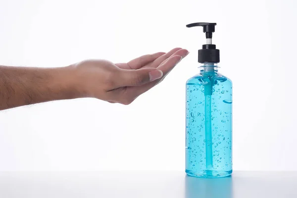 Hand Man Applying Alcohol Gel Make Cleaning Clear Germ Bacteria — Stock Photo, Image