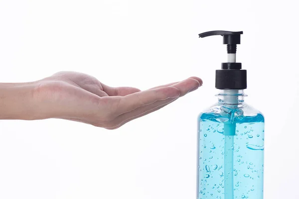 Hand Man Applying Alcohol Gel Make Cleaning Clear Germ Bacteria — Stock Photo, Image