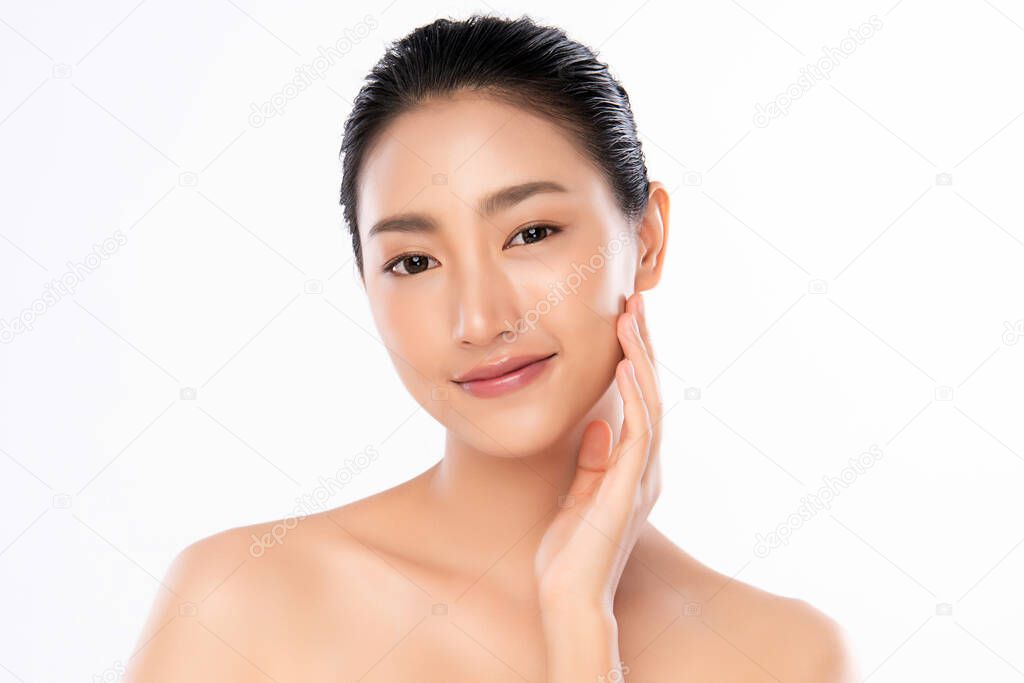 Beautiful Young Asian Woman with Clean Fresh Skin. Face care, Facial treatment, Cosmetology, beauty and healthy skin and cosmetic concept, woman beauty skin isolated on white background.