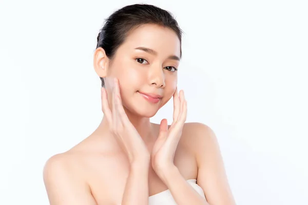 Beautiful Young Asian Woman Touching Her Clean Face Fresh Healthy — Stock Photo, Image