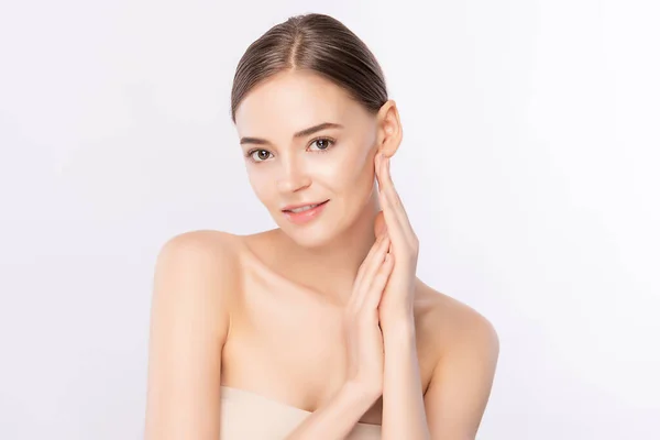 Beautiful Young Woman Touching Her Clean Face Fresh Healthy Skin — Stock Photo, Image