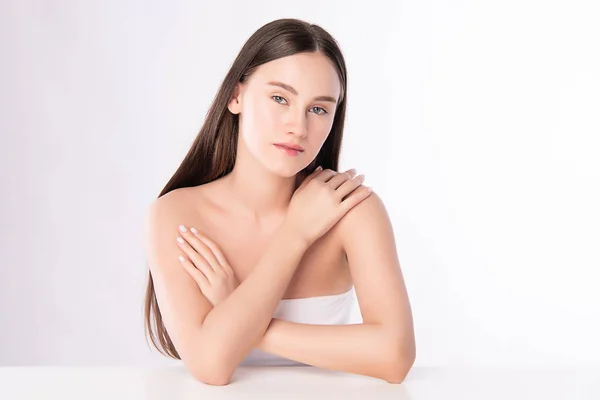 Beautiful Young Woman Touching Her Body Fresh Healthy Skin Isolated — Stock Photo, Image