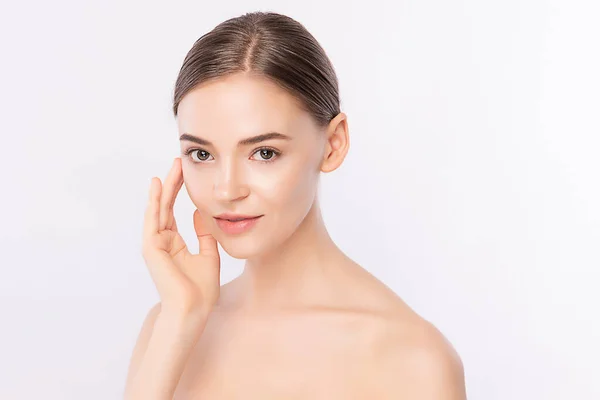 Beautiful Young Woman Touching Her Clean Face Fresh Healthy Skin — Stock Photo, Image