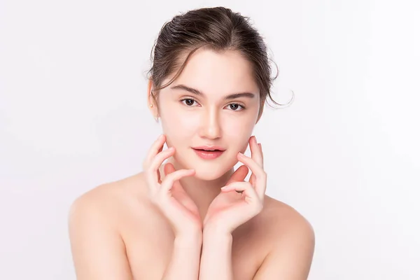 Beautiful Young Woman Touching Her Clean Face Fresh Healthy Skin — Stock Photo, Image